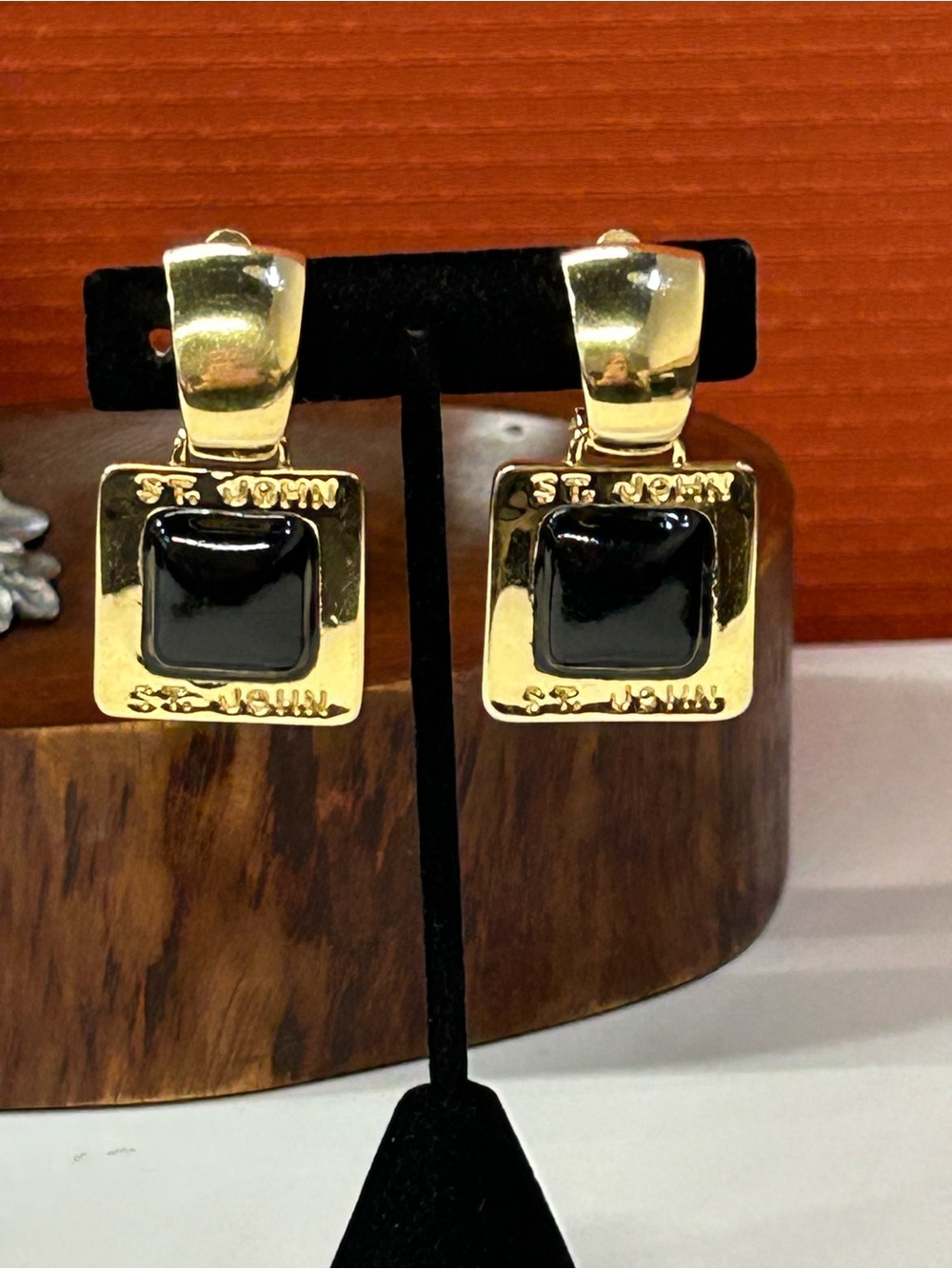 St. John vintage large gold plated black resin statement door knocker earrings